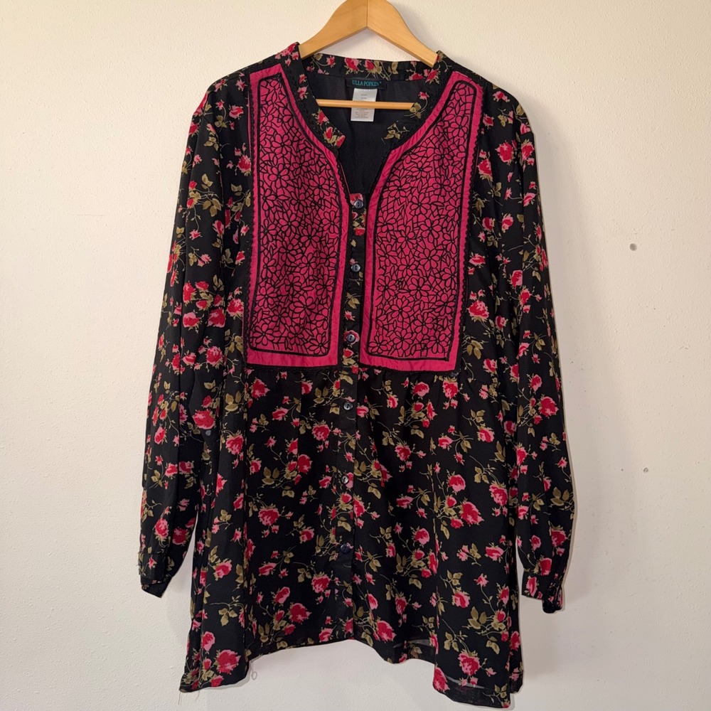 Ulla Popken Plus Size Floral Embroidered Bib Tunic Blouse Black Pink 32/34